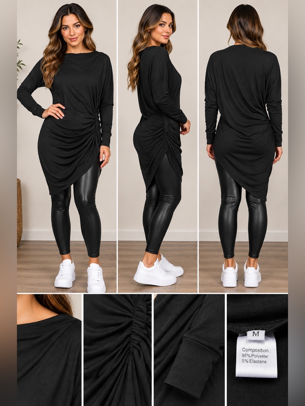 Black Ruched Asymmetric Long Sleeve Dress - Unbranded